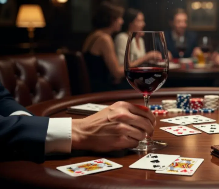 Glasses of wine and drinks arranged on a dark timber bar in an intimate card lounge