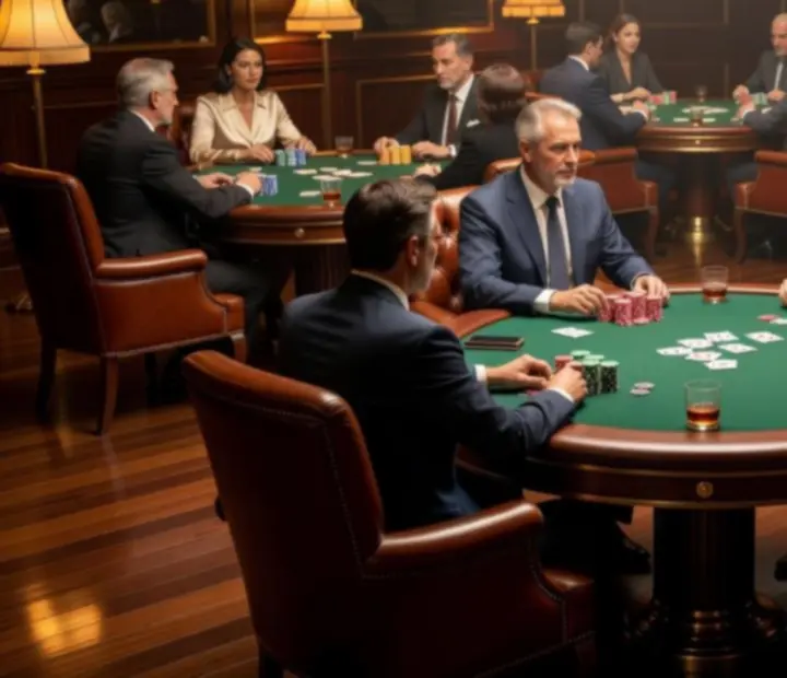 Card room ambience with forest green felt, brass accents and leather seating in warm evening light