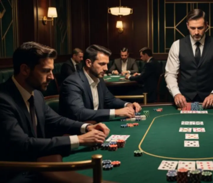 Intimate evening card room with poker tables, warm lighting and players enjoying offline poker