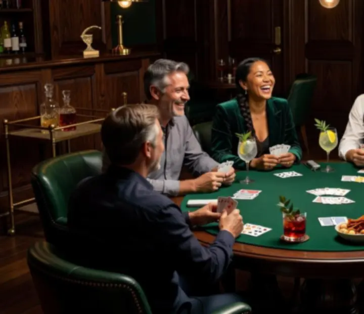 Guests enjoying classic card games in a dimly lit poker lounge