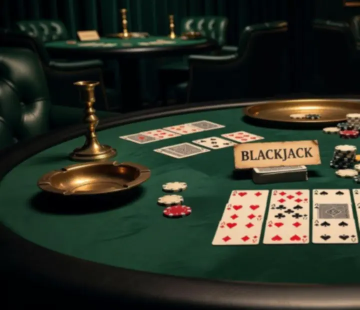 Classic card games set up on a dark timber table with playing cards and chips in a softly lit lounge