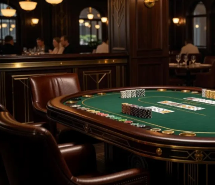 Elegant offline poker table with green felt, playing cards and chips inside a dark emerald Australian bistro