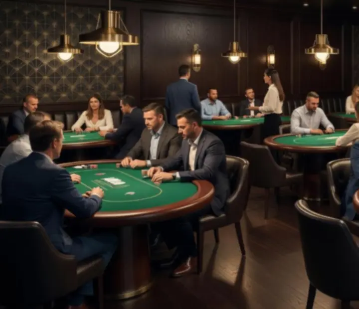 Dark emerald poker card room interior with green felt tables, leather chairs and warm restaurant lighting