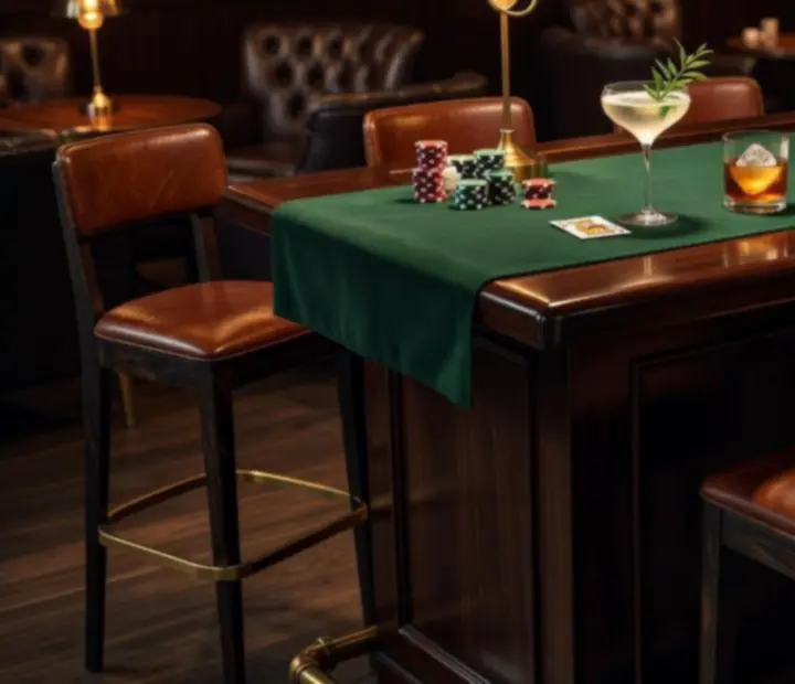 Dimly lit poker bar with emerald cocktails and bottles arranged behind a dark timber counter