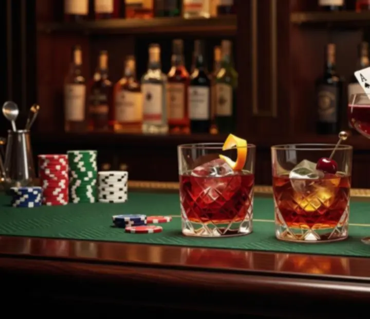 Cocktails and wine on a poker table in a dark emerald card lounge