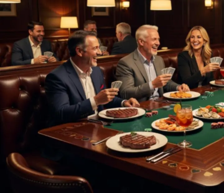 Australian bistro dishes beside poker tables in a dark emerald card lounge
