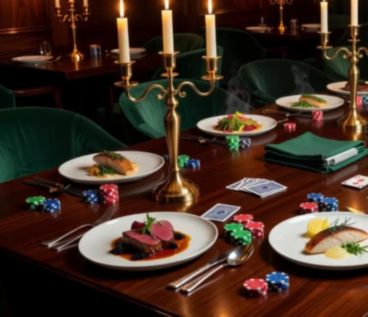 Australian bistro table set with dishes beside a green felt poker table with chips and playing cards