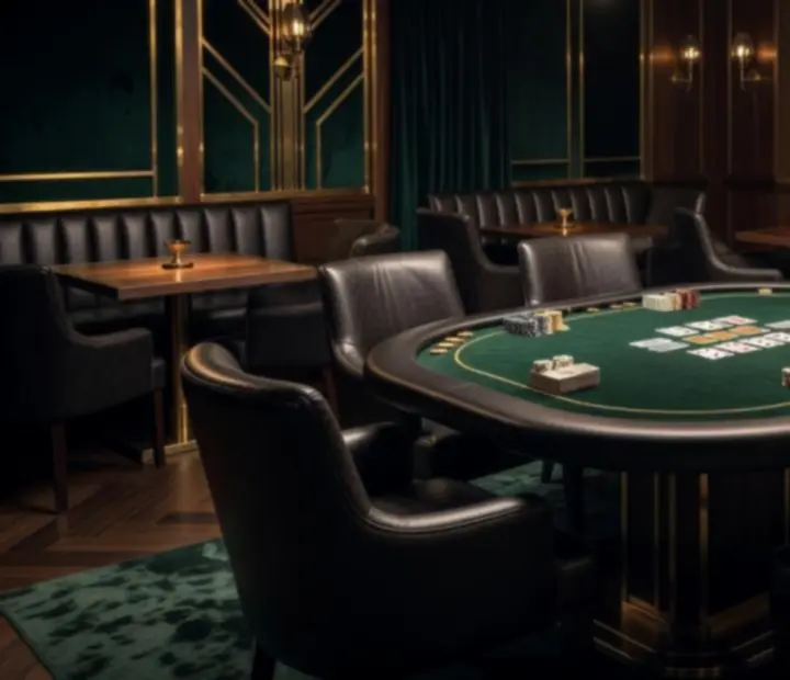 Elegant offline poker table with green felt, chips and playing cards in a dimly lit Australian restaurant lounge