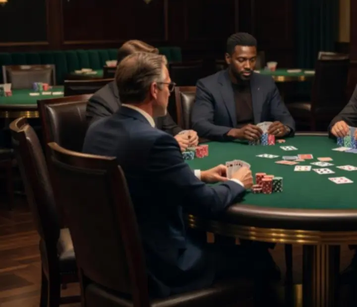 Offline poker night with green felt table, chips and playing cards in a warm restaurant card room