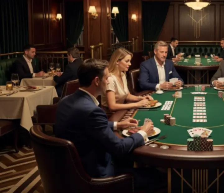 Elegant offline poker table set for dinner with green felt, playing cards and Australian dishes