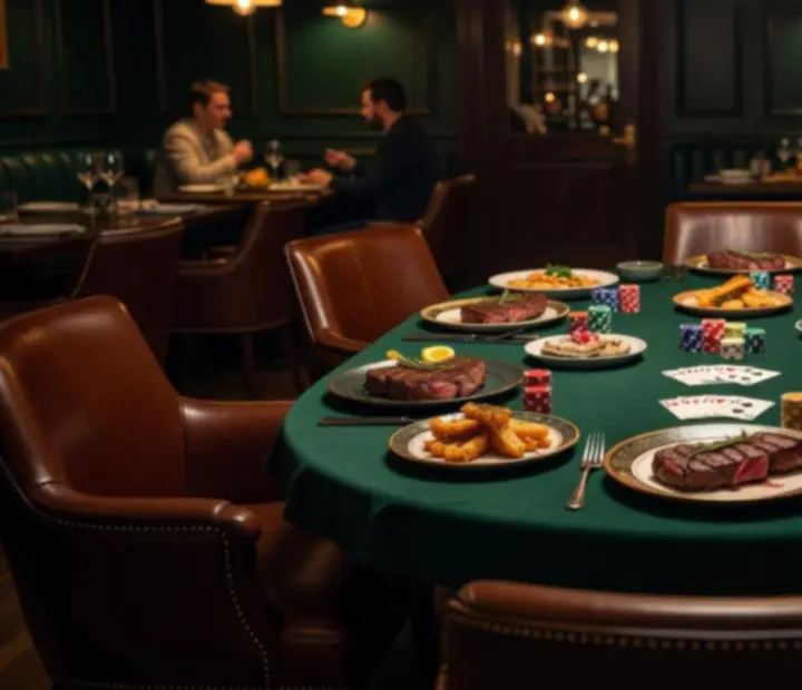An emerald poker table set for dining with Australian dishes, chips and playing cards under warm restaurant lighting