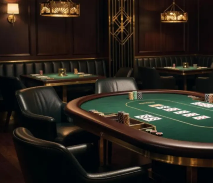 An elegant offline poker table with green felt, chips and playing cards under warm restaurant lighting