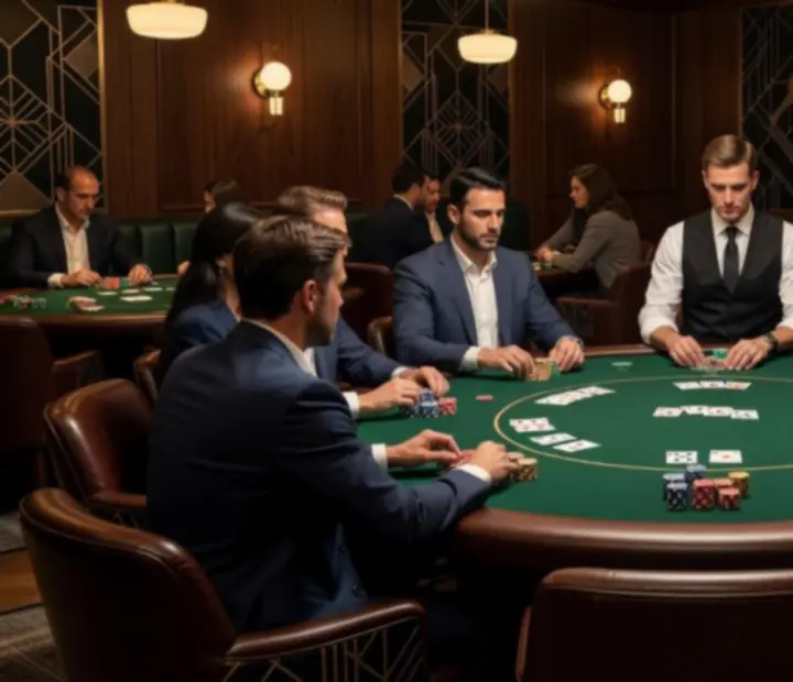 Offline poker tournament evening at a dark emerald card lounge with players around poker tables