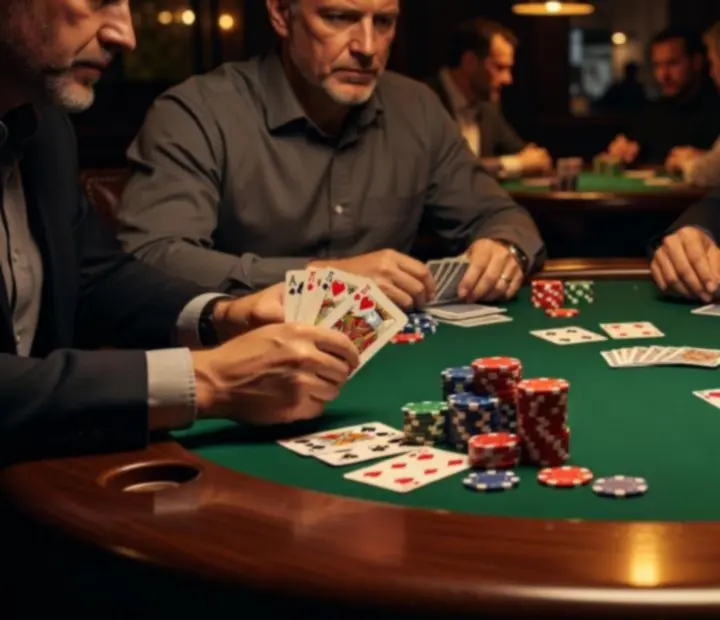 Premium poker table with chips, cards and dealer hands in motion