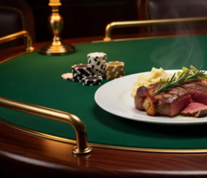 Steak plated on a poker table with green felt, chips and playing cards
