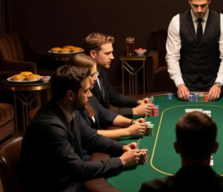 Evening Texas Hold'em tournament in an Australian poker lounge, with players seated around green felt tables